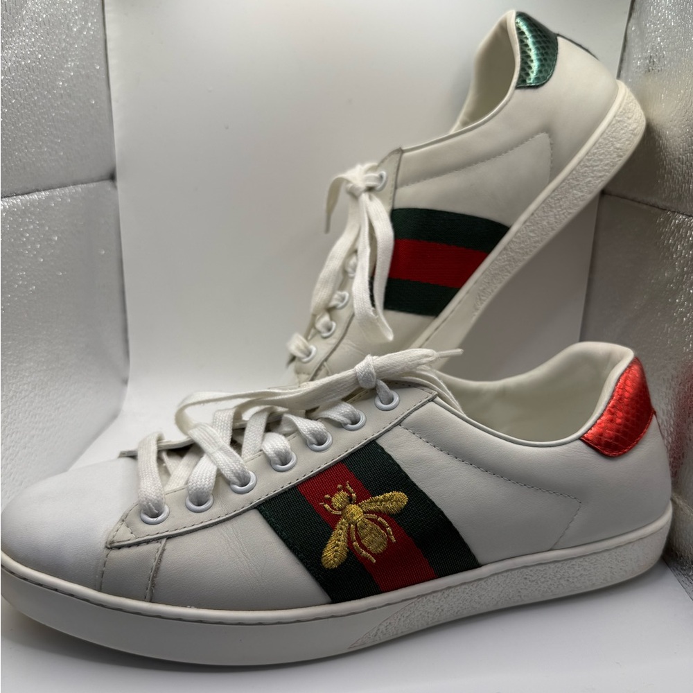 Gucci White Leather Sneakers with Red & Green Web and Gold Bee